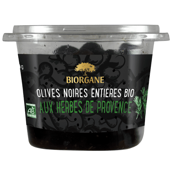 Olives noires entières bio aux herbes de Provence Biorgane
