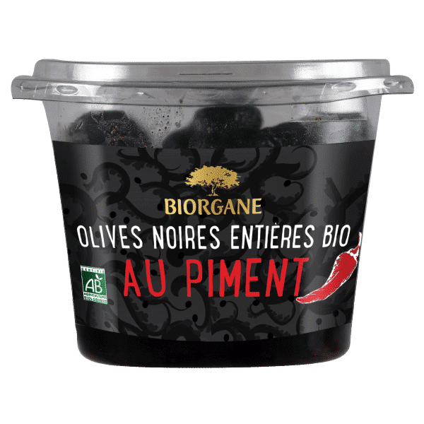 Olives noires entières bio au piment Biorgane